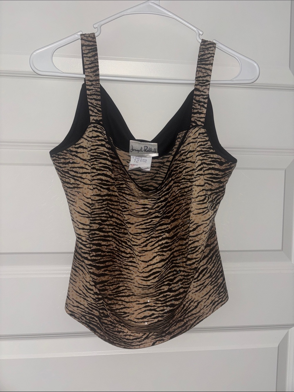 Joseph Ribkoff Black and Tan Animal Print Cowl Neck Camisole